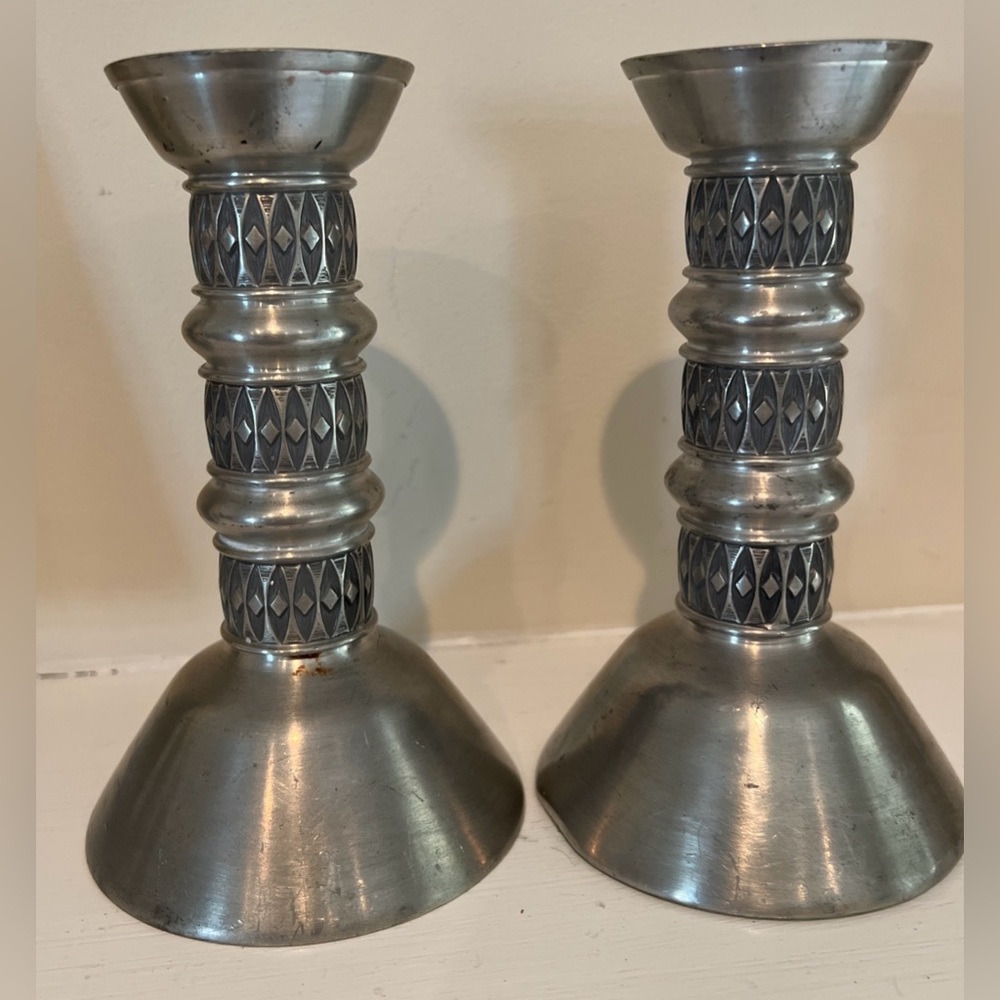 2 Scandinavian Minimalist Candlesticks Pewter Mastad Norway 103 Tin Zinn  50's